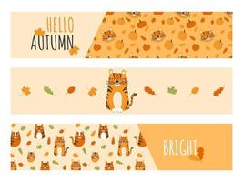 Set of baby autumn ribbons with cute tiger character and fall foliage. vector