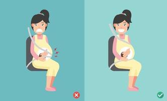 wrong and right ways wear seatbelt correctly when pregnant vector