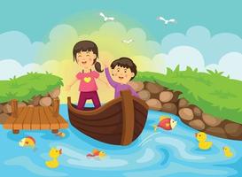 Ilustración de niño y niña en bote al río vector