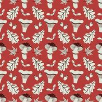 Autumn seamless pattern with oak acorn and leaves, mushrooms vector