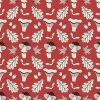 Autumn seamless pattern with oak acorn and leaves, mushrooms vector