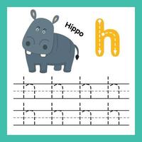 Ejercicio del alfabeto h con ilustración de vocabulario de dibujos animados, vector
