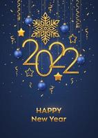 Happy New 2022 Year. Hanging Golden metallic numbers 2022 vector