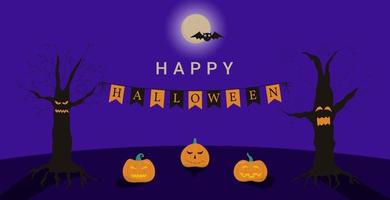 Happy halloween greeting card with pumpkins, scary trees, moon and bat vector