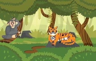 tigre y chimpancé en un bosque vector