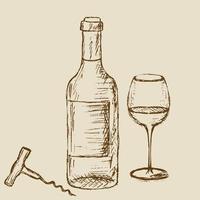 Hand drawn bottle of wine with a glass and corkscrew. vector
