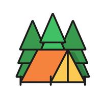 Ilustración de camping. carpa en el bosque, vector en diseño plano