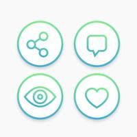 View, share, like, comment line icons in circles vector