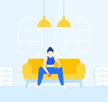 girl training biceps at home on the sofa vector