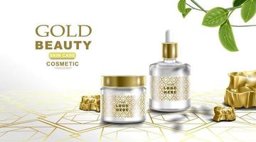 Cosmetic product mockup white and gold color background. vector