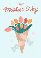 Happy Mother's Day greeting card, bouquet of tulips in female hands. vector