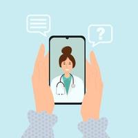 Videollamadas de médicos en línea en un teléfono inteligente. asesoramiento médico online vector