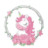 Cute magical unicorn with flower wreath. Vector cartoon illustration.