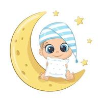 Cute baby boy sitting on the moon. Vector cartoon illustration.