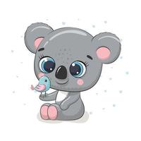 Cute baby koala with a bird. Vector cartoon illustration.