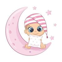 Cute baby girl sitting on the moon. Vector cartoon illustration.