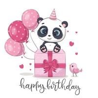 Happy birthday greeting card with panda. Vector cartoon illustration.