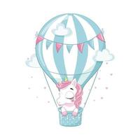 lindo bebé unicornio en un globo aerostático. ilustración de dibujos animados de vector. vector