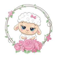 Cute summer baby sheep with flower wreath.Vector cartoon illustration. vector