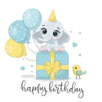 Tarjeta de felicitación de cumpleaños feliz con elefante ilustración de dibujos animados de vector