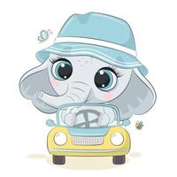 Cute elephant driving the car. Vector cartoon illustration.