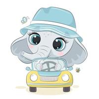 lindo elefante conduciendo el coche. ilustración de dibujos animados de vector. vector