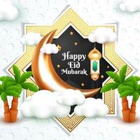 happy eid mubarak greeting card with 3d cartoon style vector