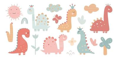 dinosaurio, niñas, lindo, vector, conjunto vector