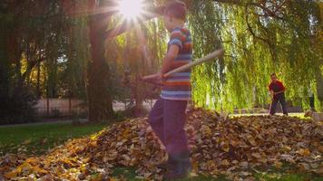 Jungen, die Herbstlaub harken. erschossen auf rotem Epos video