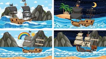 Different beach scenes with pirate ship and pirate cartoon character vector