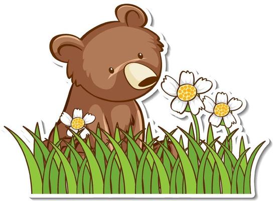 Grizzly bear sitting in a grass field sticker