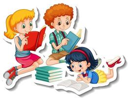 Sticker template with children reading their books on white background vector