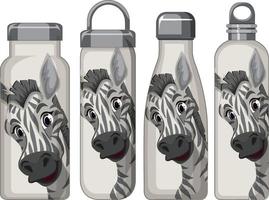 Set of different thermos bottles with zebra pattern vector