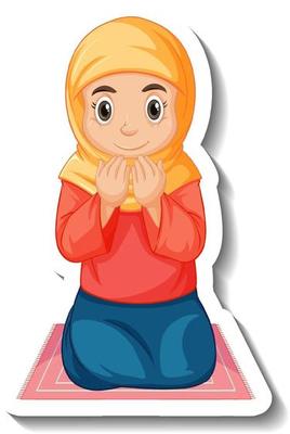 A sticker template with Muslim girl sitting on rug and praying