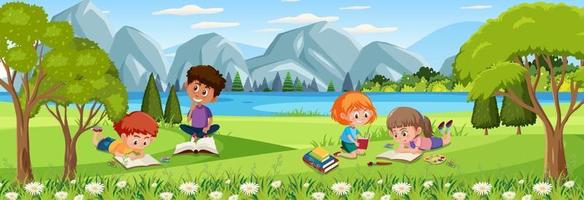 Escena al aire libre con muchos niños leyendo un libro en el parque natural. vector