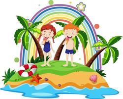 Rainbow on the island with children vector