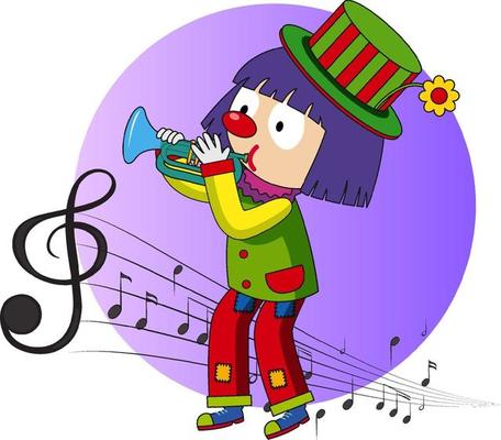 Cartoon character of a clown plays trumpet with musical melody symbols