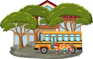 Escena escolar al aire libre aislada con muchos niños y autobús escolar vector