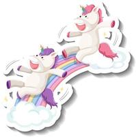 lindos unicornios se deslizan en la pegatina de dibujos animados del arco iris vector