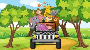 Escena de safari durante el día con animales salvajes en el coche turístico.
