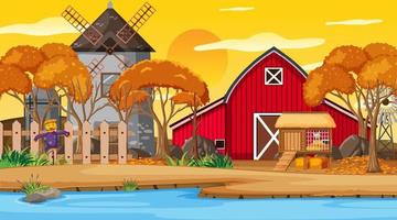 Empty farm at sunset time scene with red barn and windmill vector