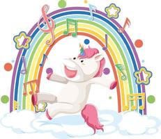 Unicorn jumping on cloud with rainbow and melody symbol vector