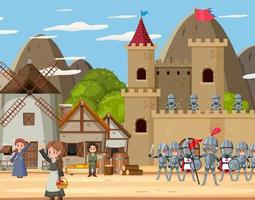 Medieval town scene with villagers vector