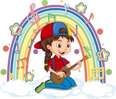 Girl playing guitar on the cloud with rainbow vector