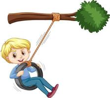 Boy playing tire swing under the branch on white background vector