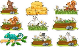 Sticker set with different wild animals and nature elements vector