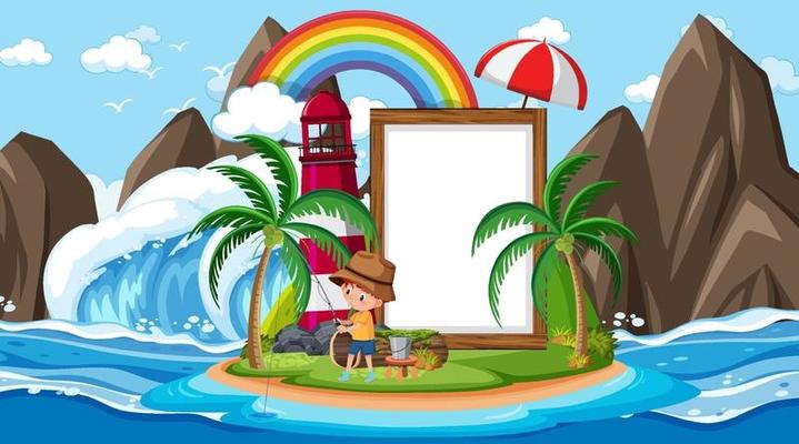 Empty banner template with kids on vacation at the beach daytime scene