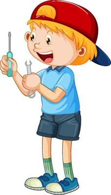 A boy holding hand tools on white background