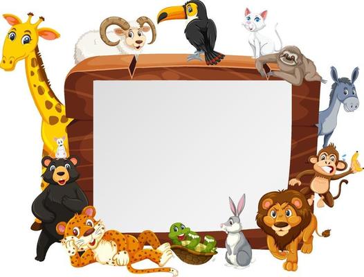Empty wooden frame with various wild animals