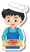 Diseño de etiqueta con niño chef sosteniendo bandeja de pizza vector